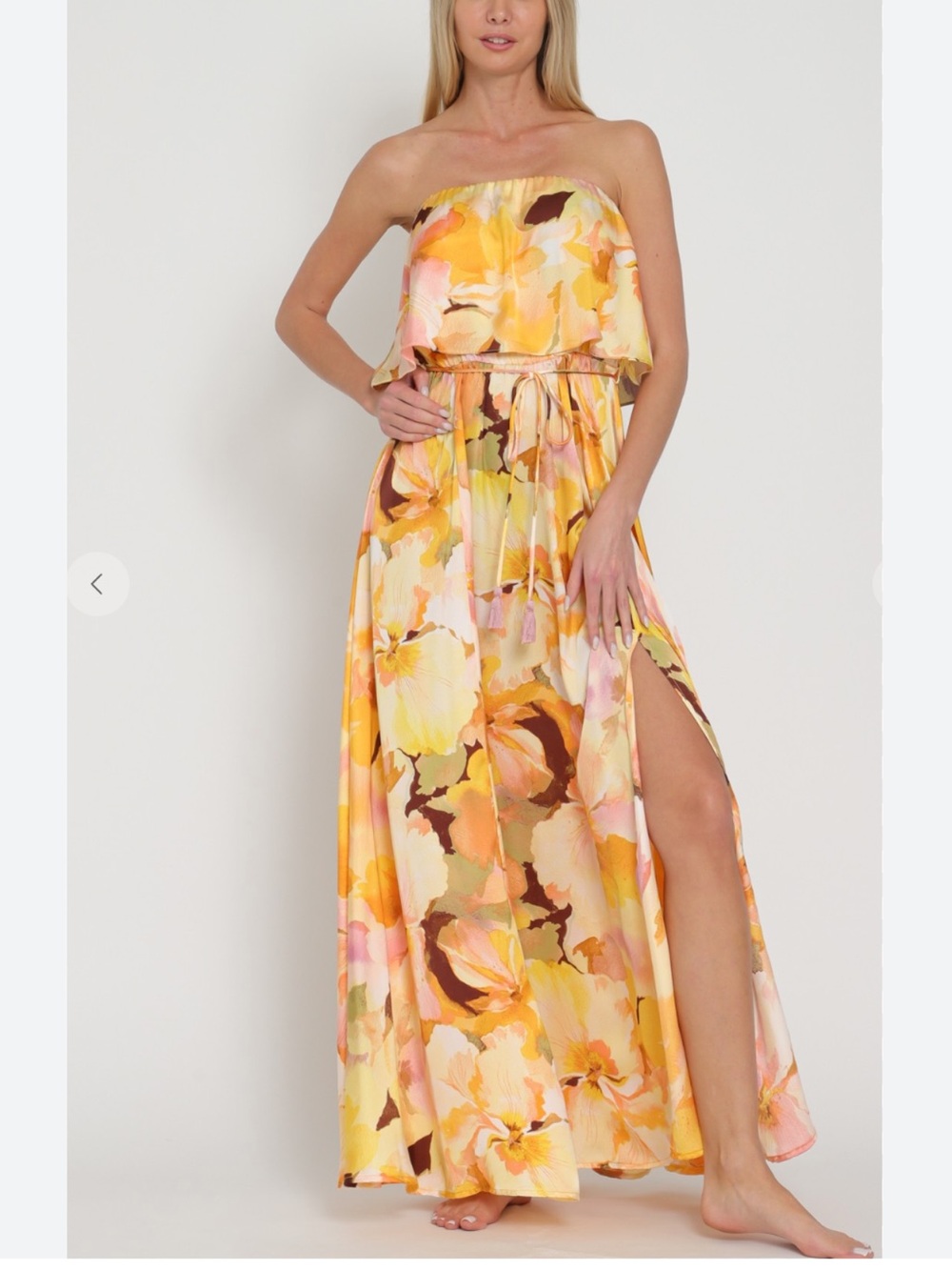 Aakaa Yellow Floral Strapless Satin Maxi Dress